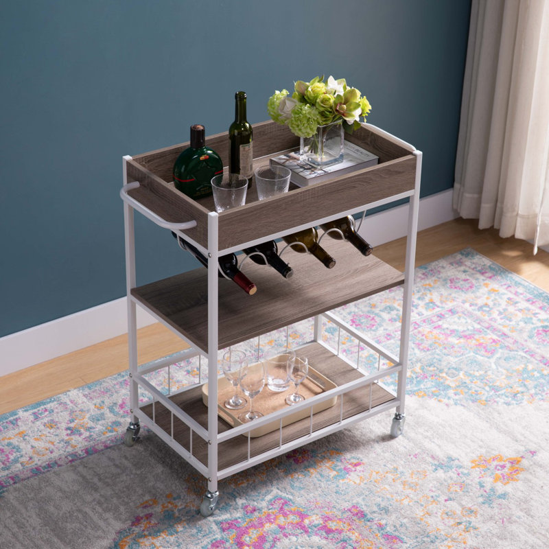 Chariot de cuisine roulant avec rangement à trois niveaux et support à quatre bouteilles de vin, Blanc