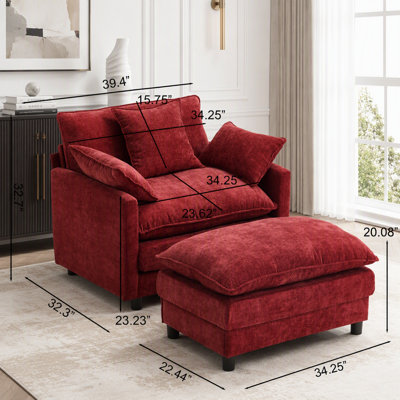Modern Accent Chair with Ottoman, Plush Chenille Upholstery, and Solid Wood Frame