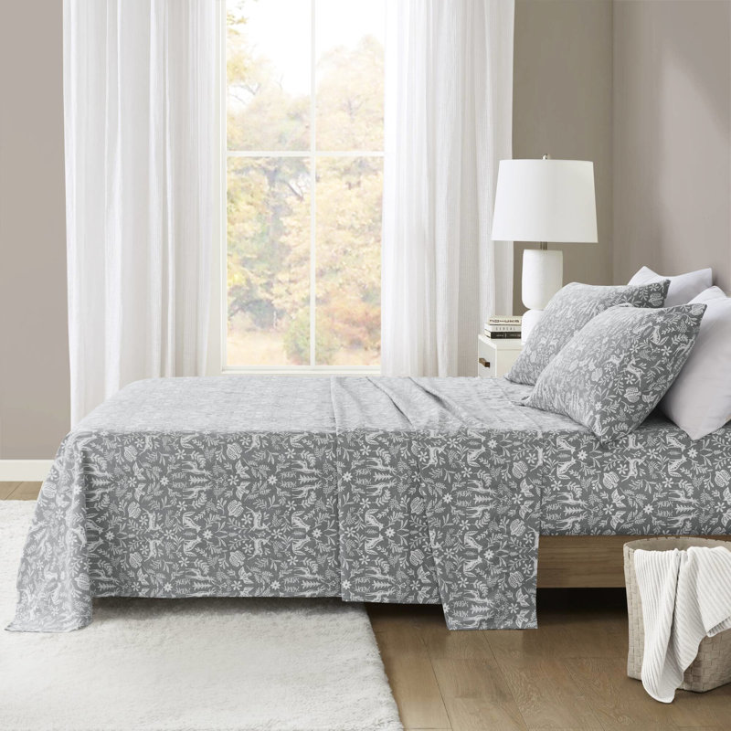 Ensemble de draps 4 pièces - Imprimé faune de sauge d'hiver, 100% flanelle de coton, dimensions luxueuses surdimensionnées jusqu'à une hauteur de matelas de 18 po, douceur supérieure, drap-housse élastique, pré-rétréci