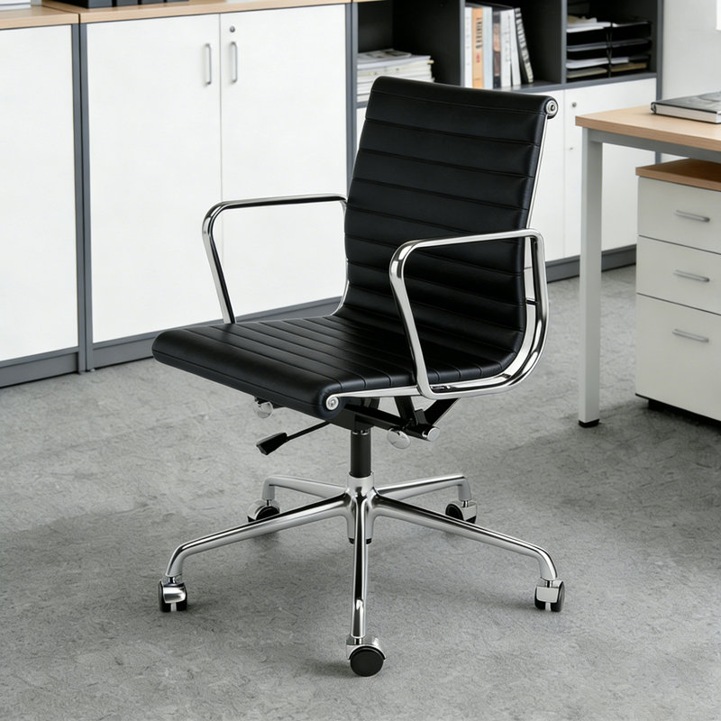 Mid Back Genuine Leather Office Chair With Arm And Aluminum Frame, Computer Desk Chair, Black