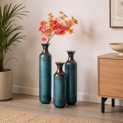 Hand-Forged Metal Vases Set of 3, Burnt Finish Rustic Floor Vases for Home Decor, Tall Flower Vases for Farmhouse Industrial Living Room