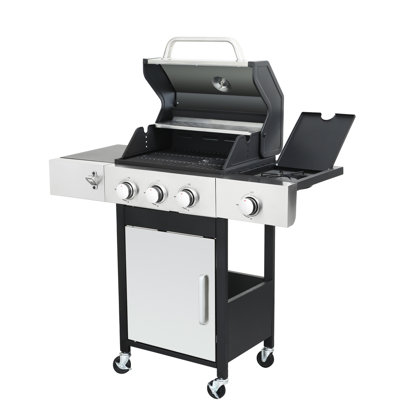 3 Propane Gas Grill With Side Burner, Enameled Cast Iron And Steel Door Stainless Bbq 3 Burners, Burner Gauge