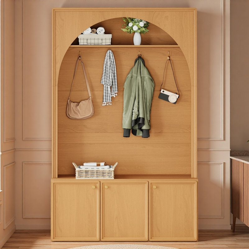 Retro Arched Hall Tree With Adjustable Shelves, Bench, Cabinets, Coat Rack And Open Shelving, Natural