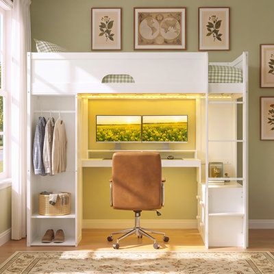 Lit mezzanine simple en bois massif avec bureau en L, armoire de rangement et penderie, bande lumineuse DEL, ports USB, blanc