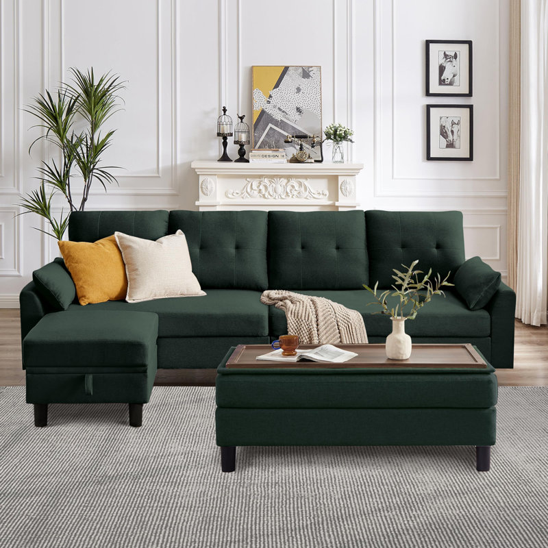 Canapé de 102,4 po de largeur avec repose-pieds et banc long avec table basse, Mélange de polyester vert