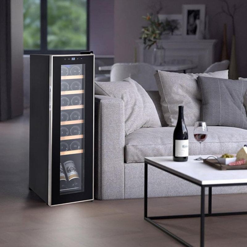 Grande armoire à vin autoportante pour 14 bouteilles, contrôle numérique de la température 41-64 ° F, tablettes réglables en bois, porte vitrée à double vitrage pour bar à la maison, noir