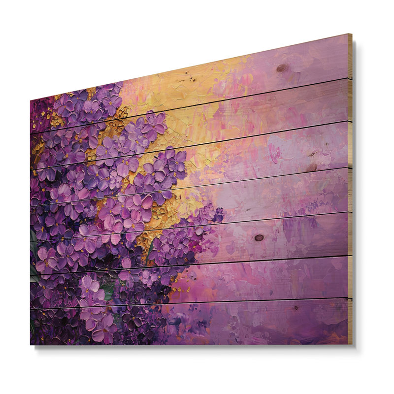 Lilas mauve dans les jardins botaniques VI - lilas mauve, impression sur bois de pin naturel, H 24 po x l 32 po