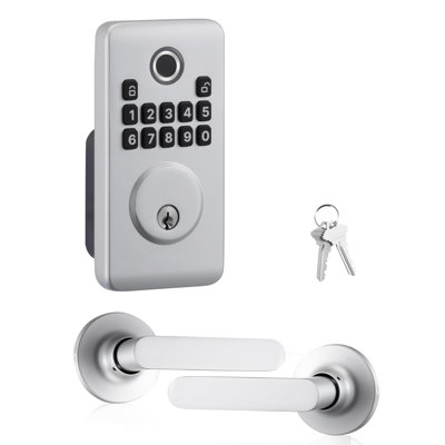 Fingerprint Door Lock Set, Electronic Biometric Deadbolt Keyless Entry Door Lock with Handle, Pioneering Easy-Grip Design, Auto Locking, One-Time Code, Anti-Peeking Password, Silver, Designed for Home