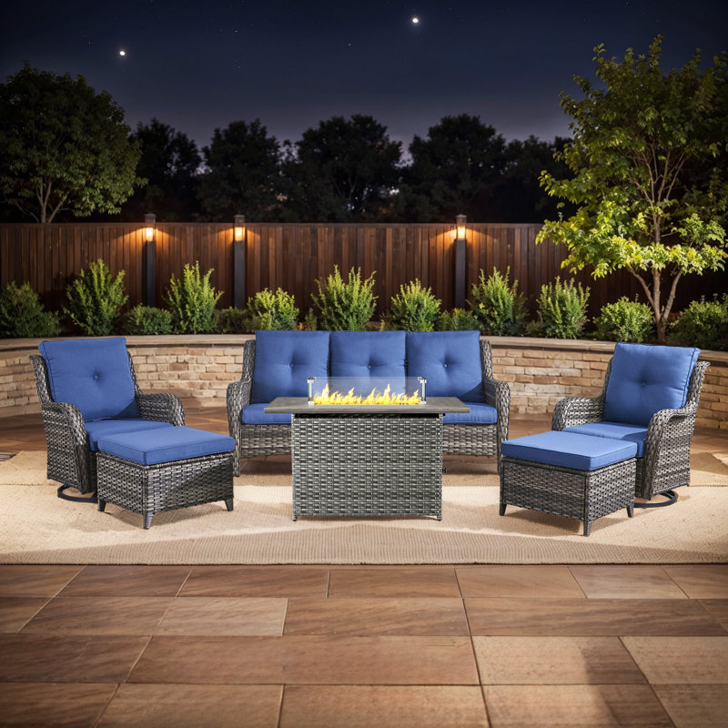 Carolina 6 - Pieces Sofa Seating Group With Fire Pit And Cushions, Blue/Gray