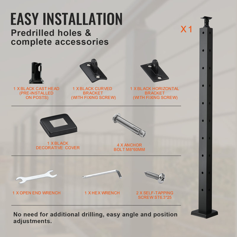 VEVOR Steel Cable Railing Post with Pre-Drilled L-shaped Holes for Corner, 91.4cm H x 2.5cm W x 5.1cm D