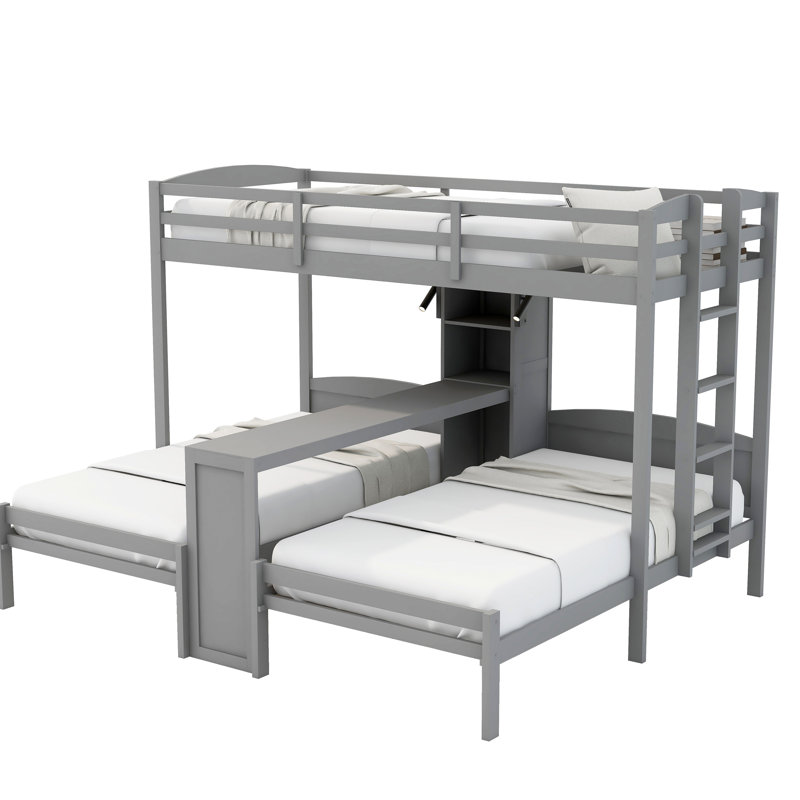 Lit superposé avec bureau intégré et tablettes de rangement, lampe de lecture, 3 lits en 1, Gris