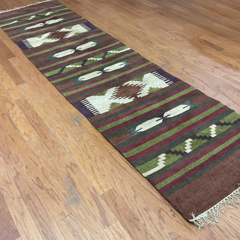 Tapis de laine rouille/brun handwoven à tissage plat, Tapis de couloir beige