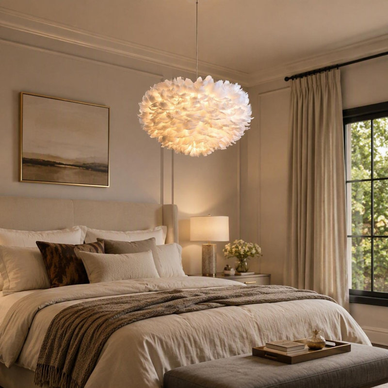 Lustre moderne à 3 lumières en plumes blanches romantiques avec de véritables plumes d'oie pour plafonnier semi-encastré 18 pouces