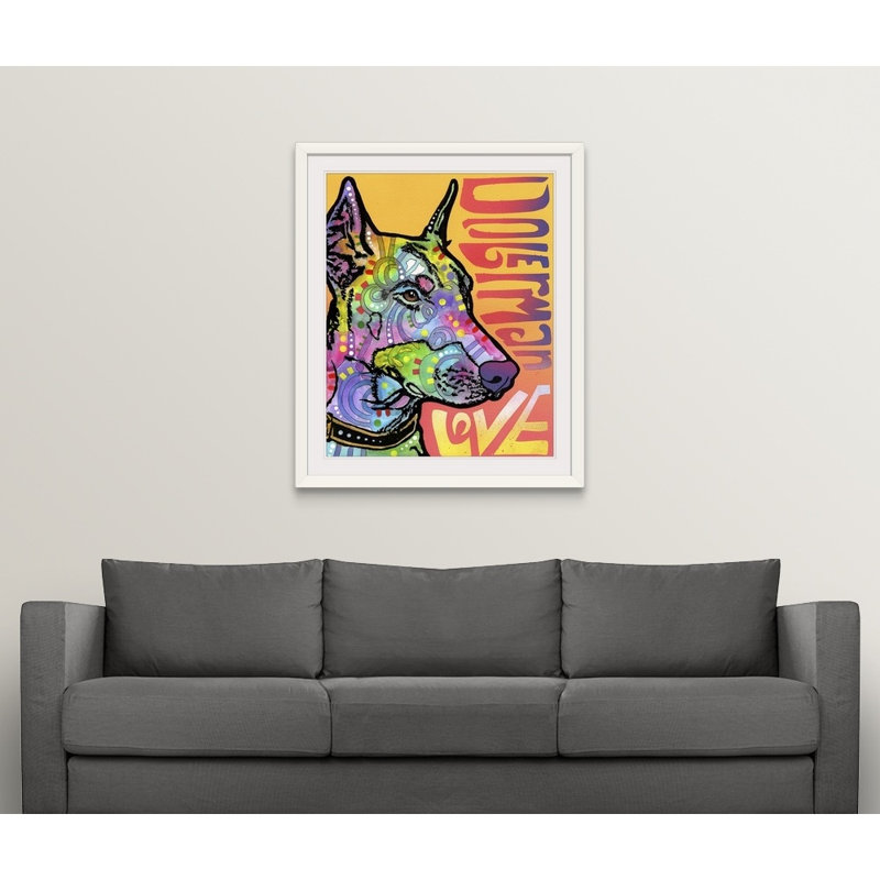 " Doberman Luv " by Dean Russo, White Framed, 28" H x 24" W x 1" D