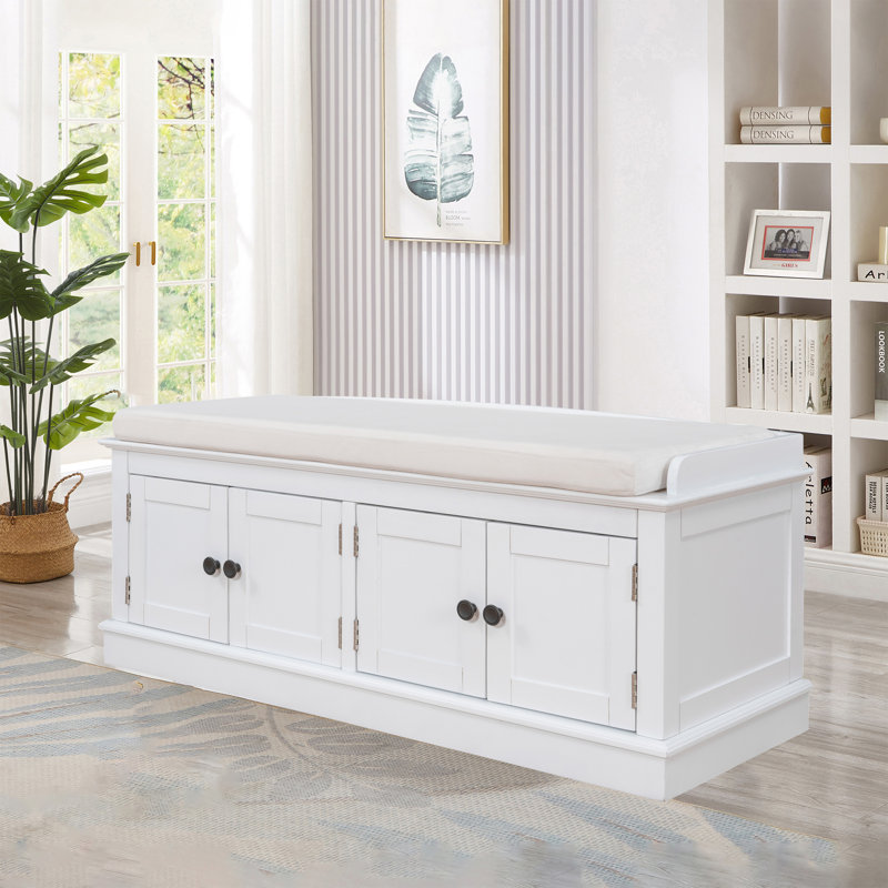 43" Wide Shoe Storage Bench With Cushion Entryway Bench Storage Bench, White