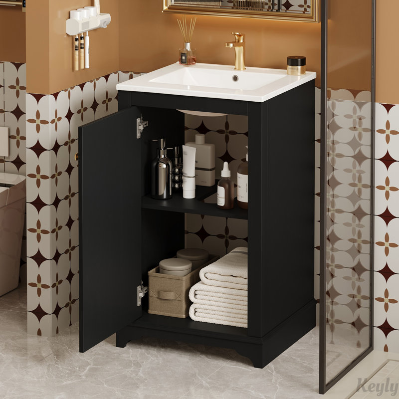 Meuble-lavabo de 20 po avec lavabo en céramique, porte à fermeture douce, tablette réglable, Noir