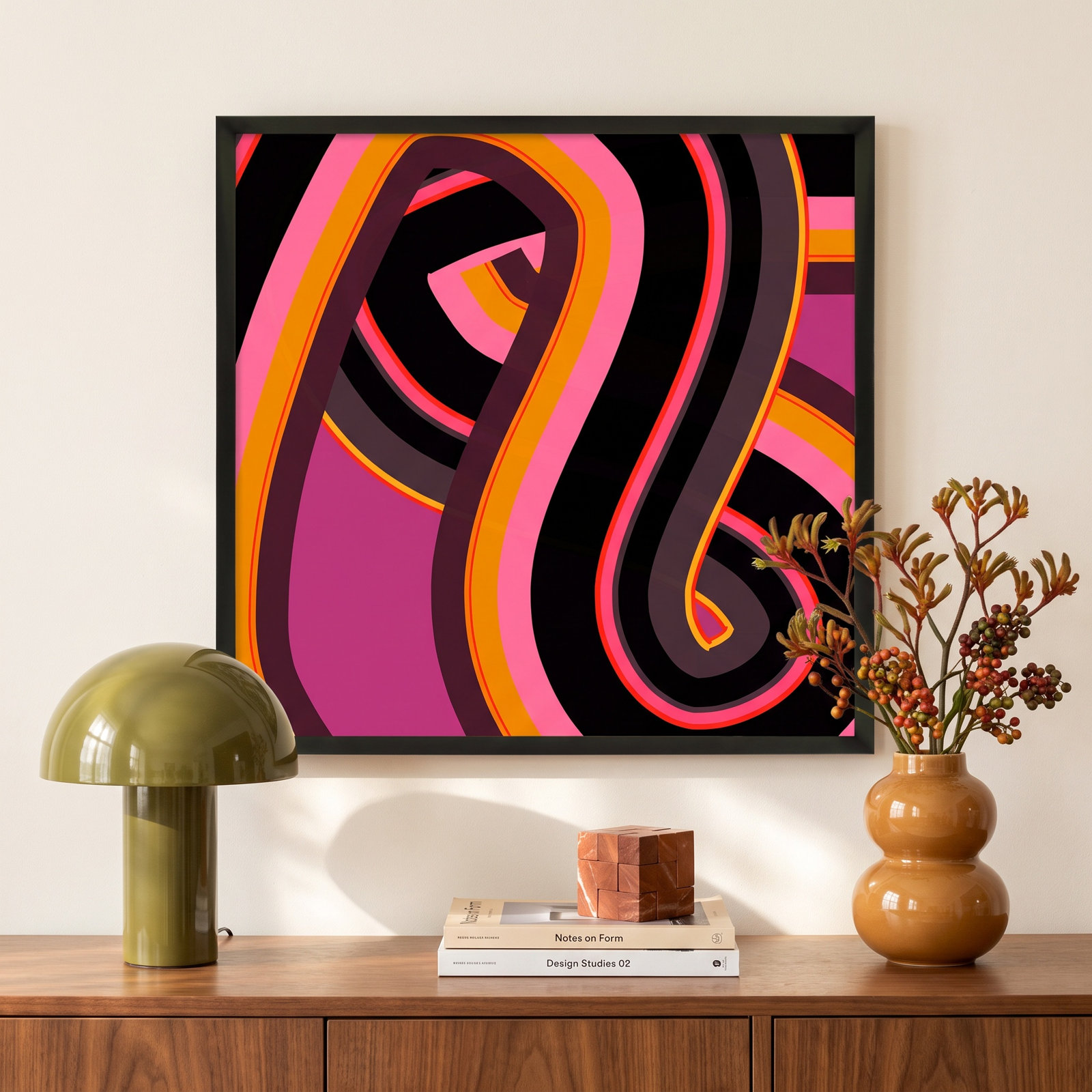 Zackary "Neon Twist" Print by Jacques Pilon, 16" H x 16" W x 1.25" D, Black Wood
