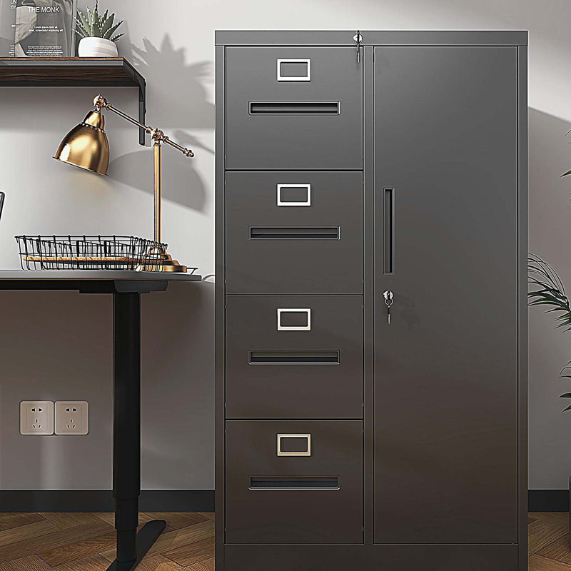 Metal Storage Vertical Filing Cabinet with Lock, Steel File Locker with 4 Drawers and 1 door, Black