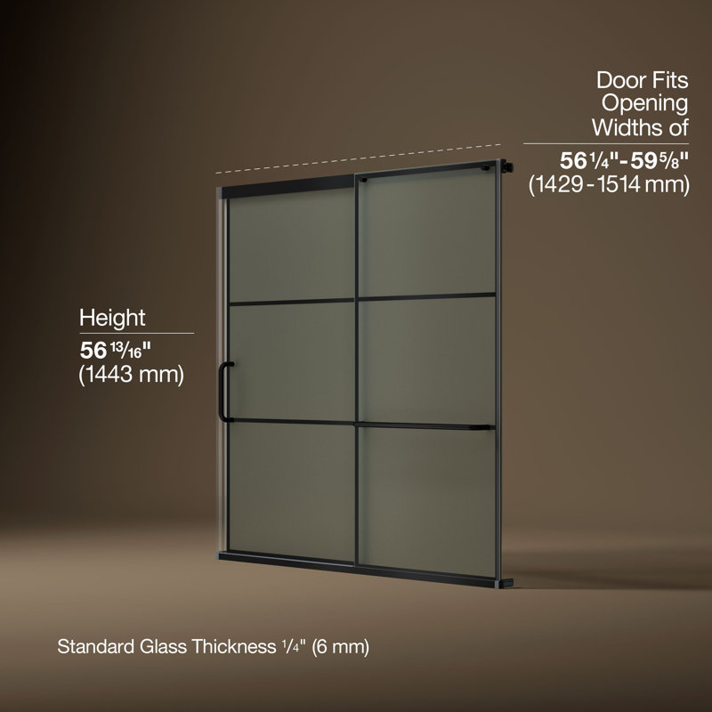 Elate Sliding Bath Door, 56-3/4-In H X 56-1/4 - 59-5/8-In W, With 1/4-In Thick Frosted Glass With Rectangular Grille Pattern