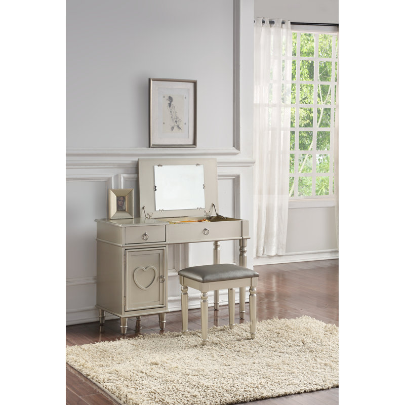 Ensemble de meuble-lavabo de chambre à coucher avec tabouret à tiroirs ouverts