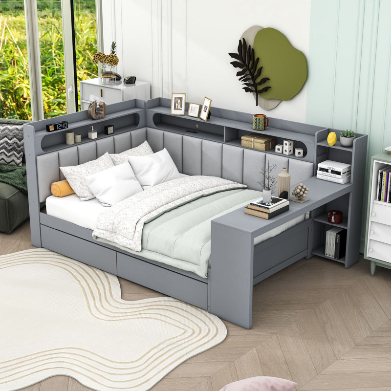 Full Daybed with Shelves,Drawers,LED Light and Desk, Gray