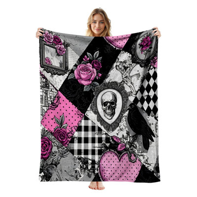 Plaid en flanelle polaire JYK Halloween, léger, respirant, doux et chaud en microfibre pelucheuse, 76 x 102 cm, motif corbeau patchwork rose
