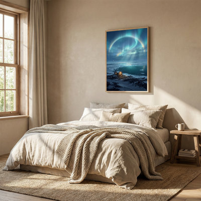 «Lit Cabin Under Green Aurora Borealis Ring Over Icy Sea», art mural