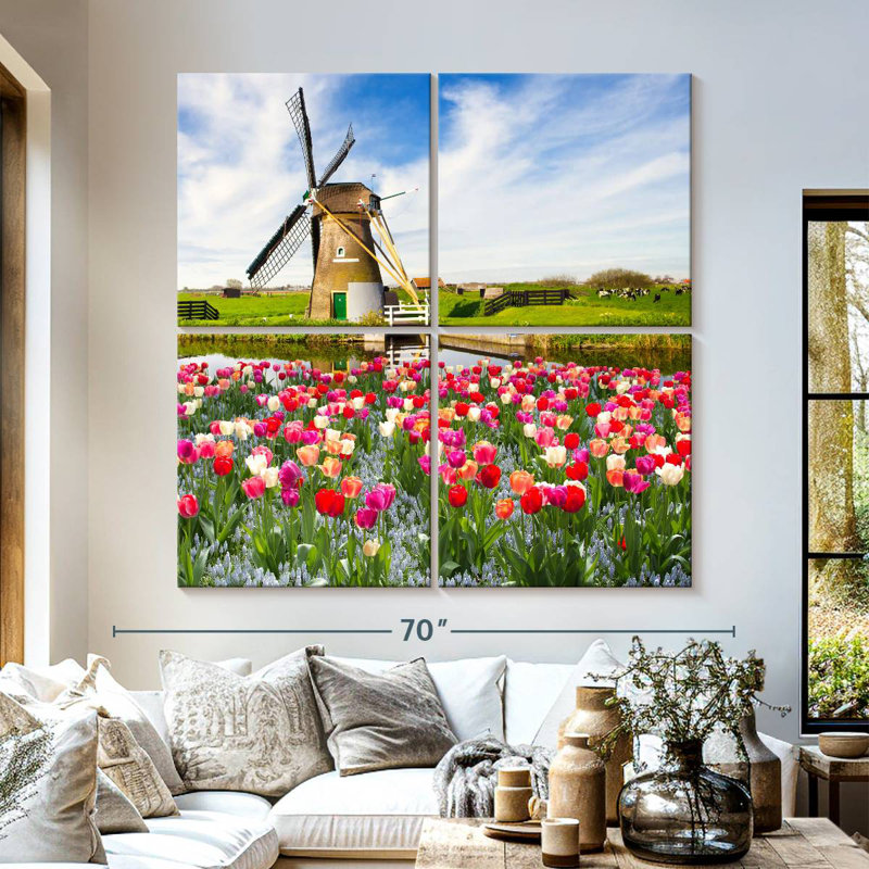 Moulin à vent et tulipes Holland, H 57 po x l 57 po