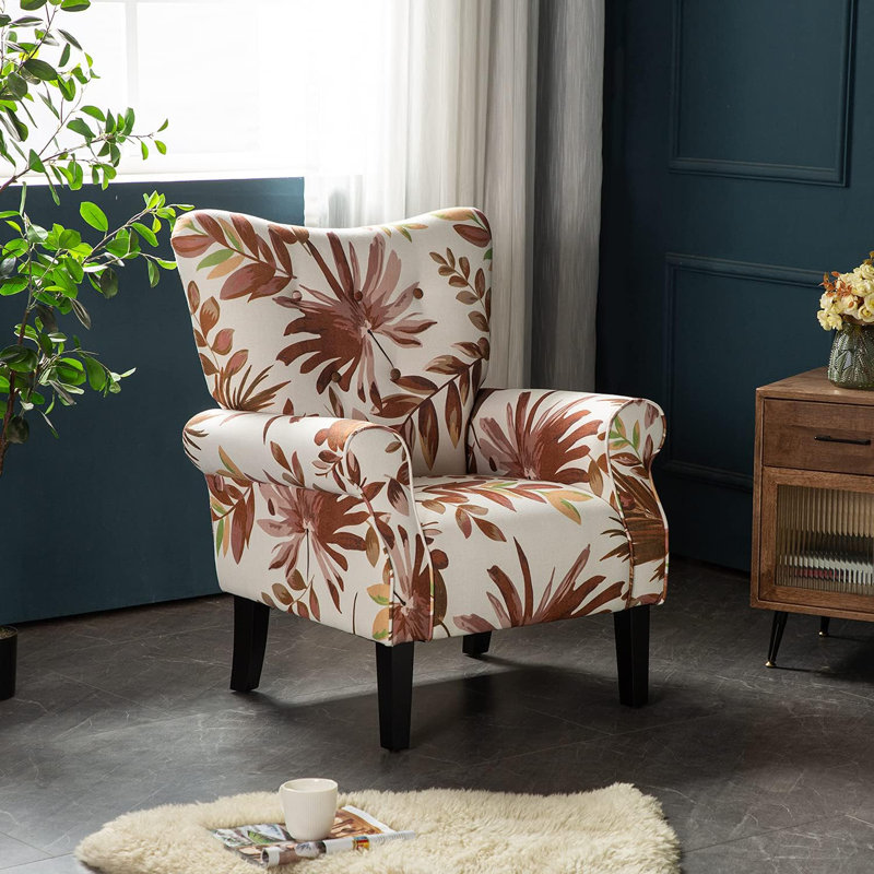 Mid Century Modern Wingback Armchair, Upholstered Fabric High Back Accent Chair With Solid Wood Legs, Tufted Club Chair For Living Room, Bedroom, Home Office