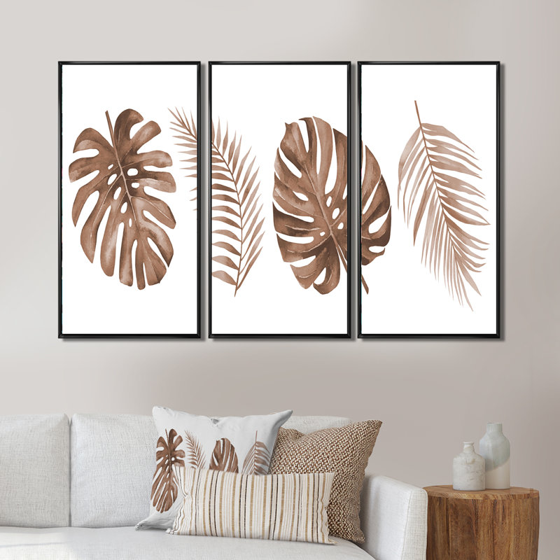 «Tropical Monstera and Palm Leaf In Terracotta», peinture sur toile flottante 3 pièces, L 48 po x H 32 po, Cadre noir