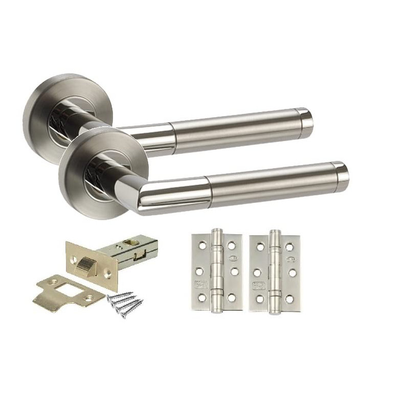 Golden Grace 6 Pairs Mitred Style Modern Door Handles Lever Latch on Round Rose with Ball Bearing Hinges and 64mm Tubular