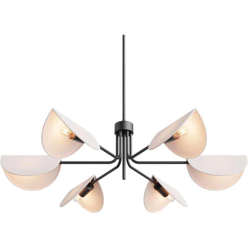 Lustre 6 lumières à abat-jour en lin blanc avec tiges en métal noir, E12, 240 W, 35 po de diamètre