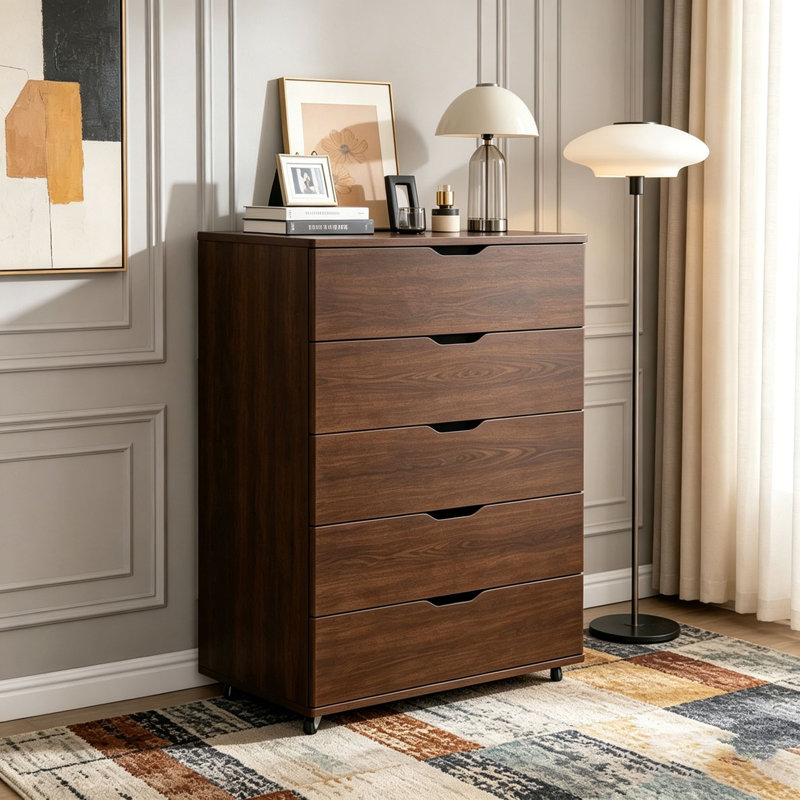 Commode mobile à 5 tiroirs avec roulettes, Marron foncé