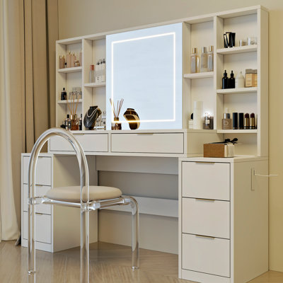 Large Makeup Vanity Desk With Detachable Mirror And Lights, 59" Table 8 Drawers, 3 - Color Led, Brightness Adjustable, For Women , Nautical Style, White Material, Mirror, Open Storage, Led Lighting