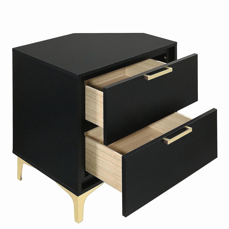 Black and Gold 2-Drawer Rectangular Nightstand, Black