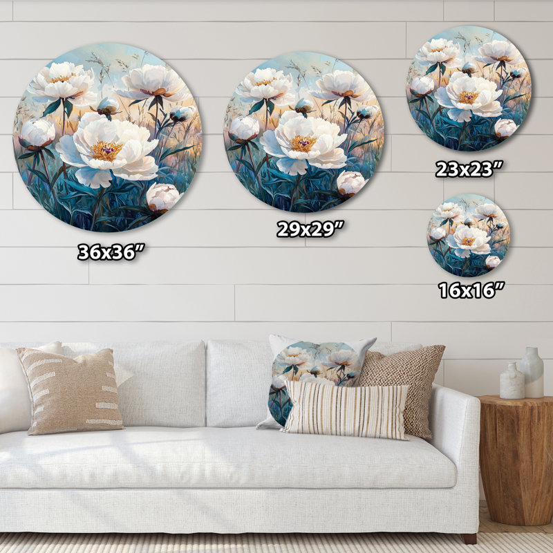 Karlysia - pivoines rondes, décoration murale traditionnelle en métal blanc, H 36 po x l 36 po