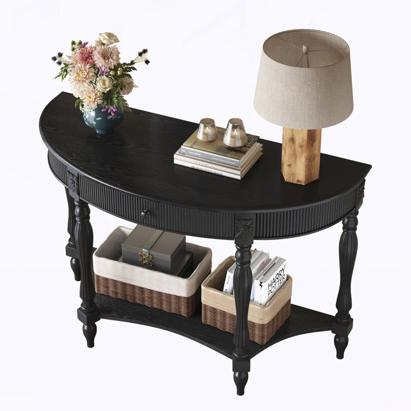 Console demi-lune avec tiroir et tablette, Black, Black, Black