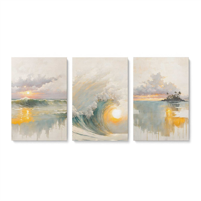 Golden Waves at Sunset Set of 3 Canvas Prints in a Black Frame, 12" x 8", H 30 po x l 60 po x P 1,25 po, Toile tendue