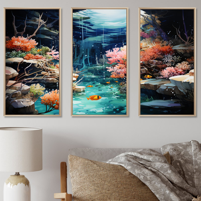 «Realistic Underwater Coral Garden II», art mural corail, Cadre flottant brun, H 28 po x l 36 po x P 1 po