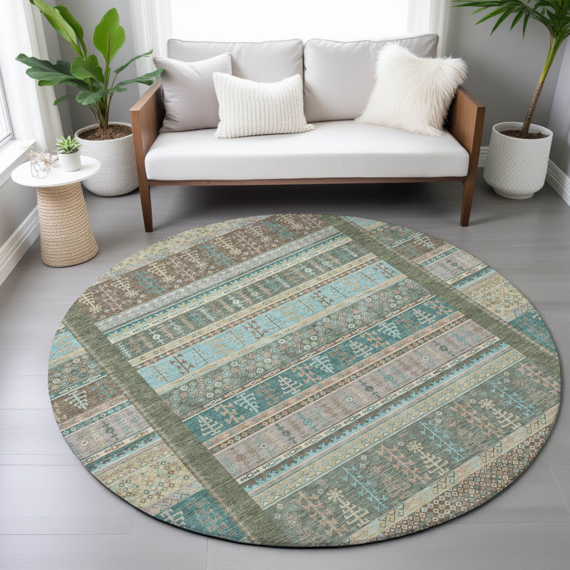 Machine Washable Indoor/Outdoor Meredith ACN2160 Striped Rug, Round 8'