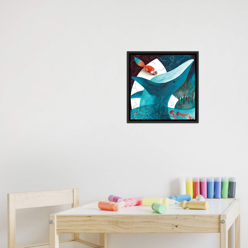 Renard et baleine III - impression, H 18 po x l 18 po x 1,5 po, Toile avec cadre noir patiné, Pas de tapis