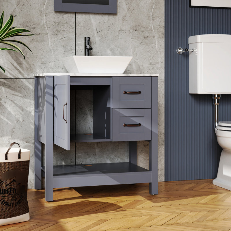 Meuble-lavabo gris de 30 po avec plateau rabattable et craquelé et miroir - Scratch, revêtement en feuille spéciale, s'adapte à toutes les salles de bain - Poignée bronze chic avec motif à l'huile, couleur riche