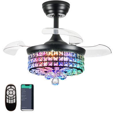 30" Rgb Retractable Crystal Ceiling Fan Chandelier