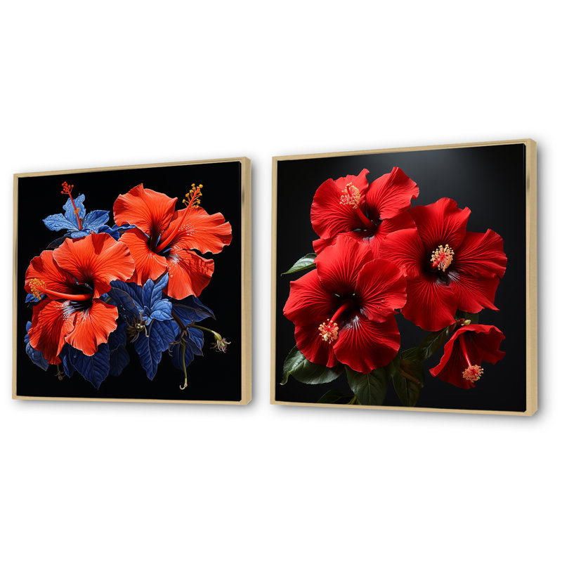 Ensemble de 2 décorations murales tropicales Hibiscus I - Hibiscus, Cadre flottant brun, H 16 po x l 33 po x P 1 po