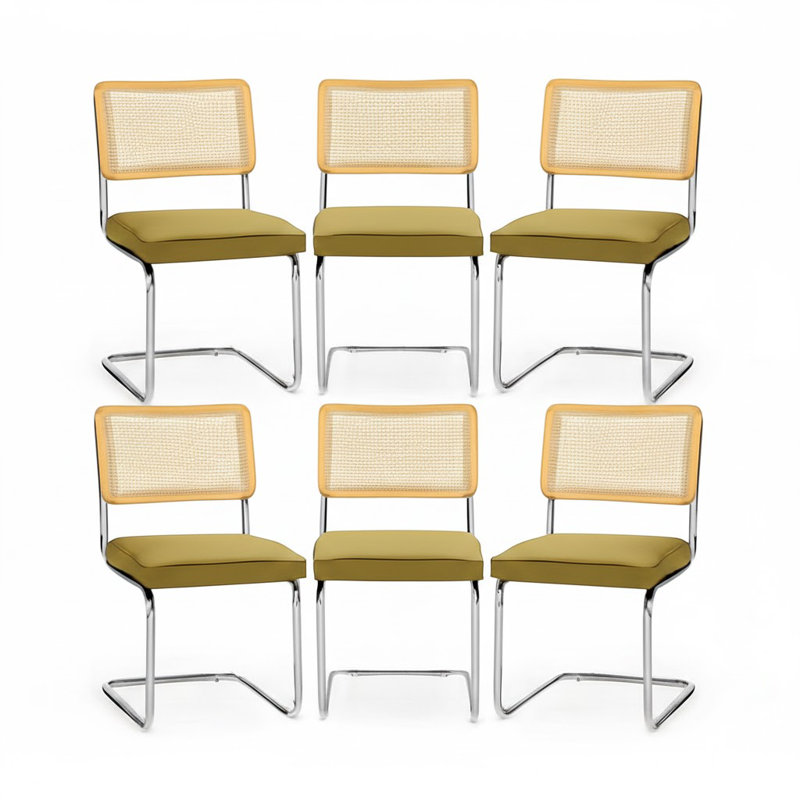 Ensemble de 6 chaises de salle à manger Modern Velvet, dossier en rotin et base chromée, vert olive, Velours vert olive