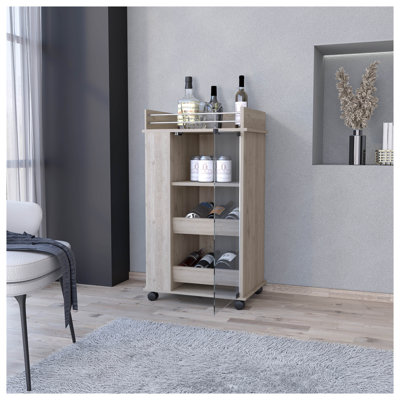 Chariot-bar Lusk avec porte en verre et porte-bouteille, bois d'ingénierie gris clair
