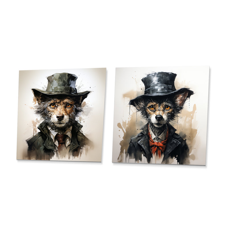 Trench noir loup mystérieux I - loup, ensemble de 2 impressions carrées en métal, H 16 po x l 32 po