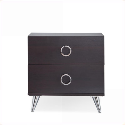 Table basse à finition espresso avec 2 tiroirs de rangement et pieds fuselés argentés pour le salon / la chambre à coucher