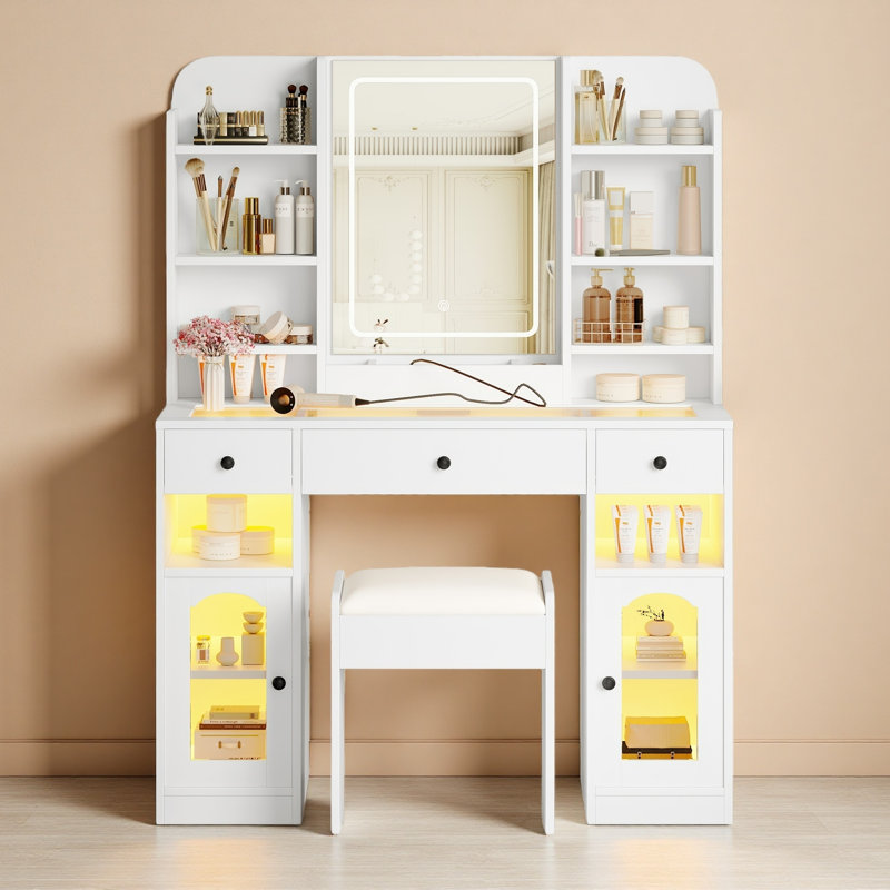 43.2" Vanity Desk With LED Mirror And Lights, Glass Top Vanity With RGB Glass Light Cabinets, Dressing Table With 3 Drawers