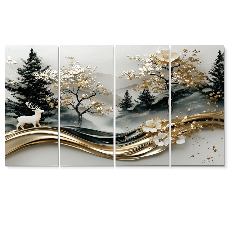 «Black Gold Pine Tree Misty Mountain Morning - Landscape Cottage Mountains», ensemble d'art sur toile, H 28 po x l 48 po